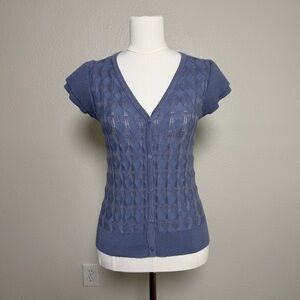 Wedgewood Blue Pointelle Button Cardigan Top Flutter Sleeve (small petite)